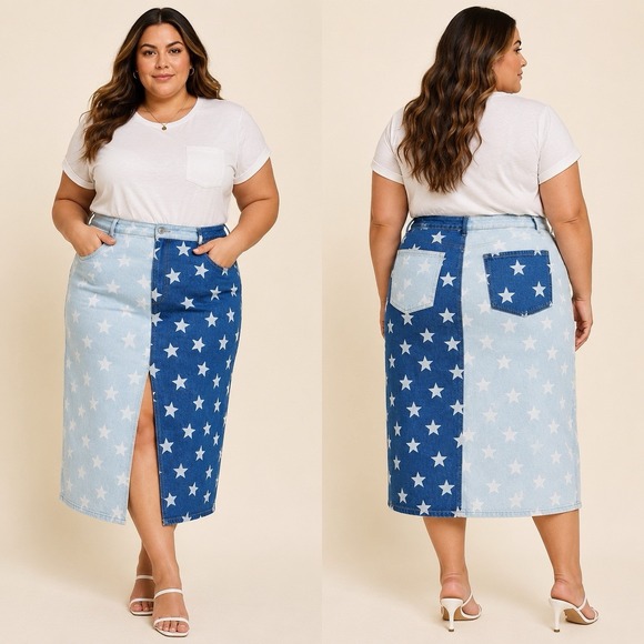 Oddi Dresses & Skirts - ODDI Star Print Colorblock Denim Midi Skirt Women's Plus Size 3X USA Slit